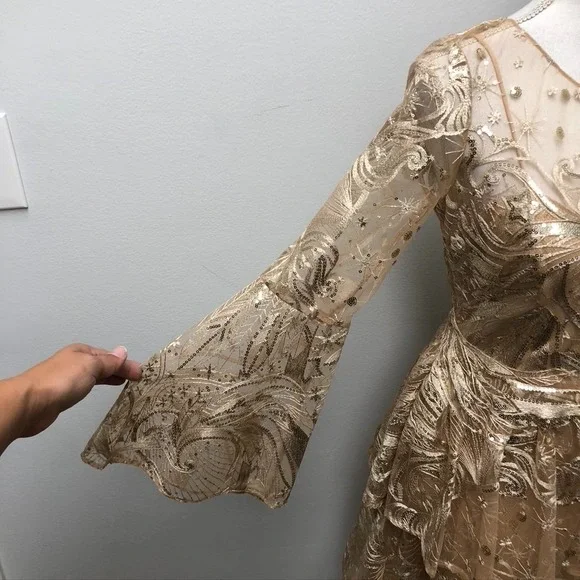 Marchesa Notte Fit And Flare Dress Womens 4 Gold Lace Party Hoco Formal  Wedding